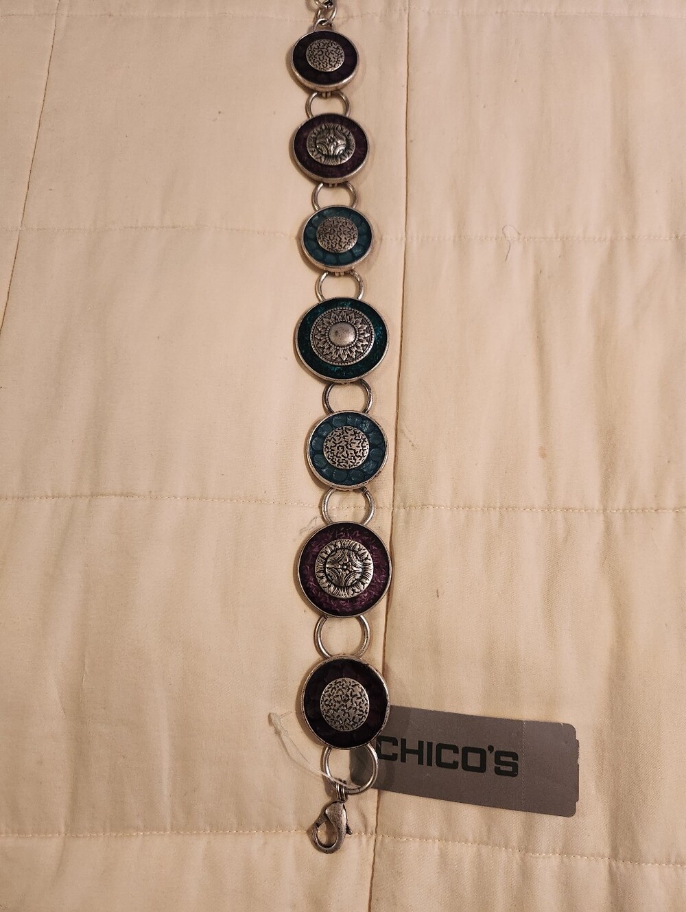 Chico's Belt, Metal Enameled Boho Round Medallion Disk Chain, Western NWT M / L